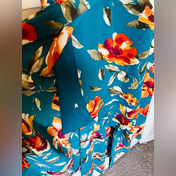 Teal Floral Print Off Shoulder Cinch Waist Flowing Dress - Picture 7 of 8